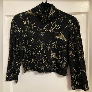 Simka Sol Black and Gold Hawkmoth Print Mock neck Crop Top Large